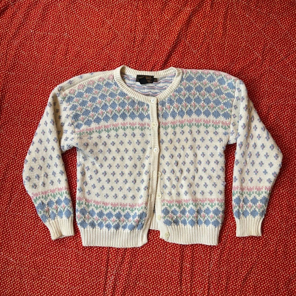 Vintage Eddie Bauer Pastel Fair Isle Cotton Cardigan Sweater Large Petite L/G
